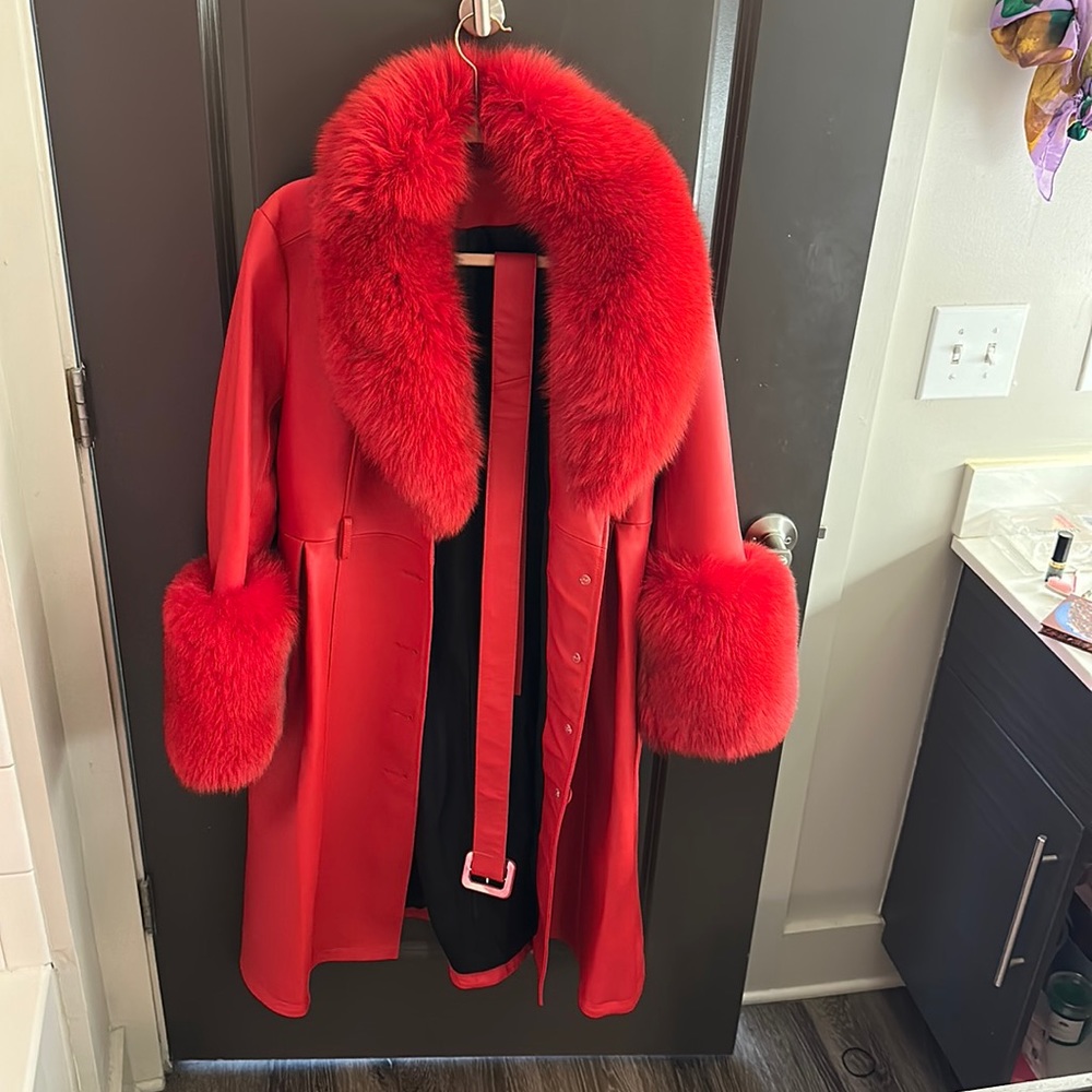 real red leather fur long jacket